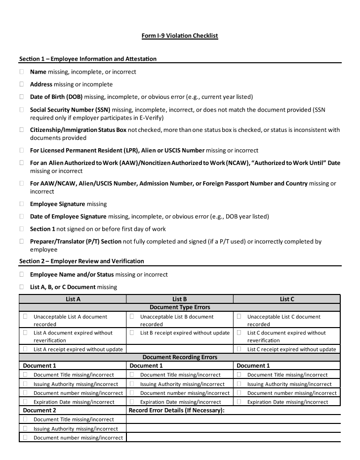 i9 Violation Audit checklist