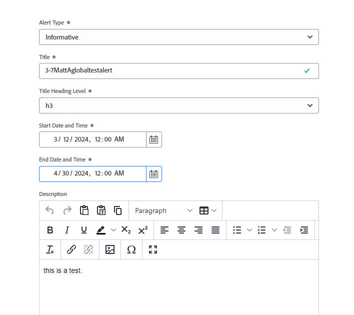 Global Alert Content Fragment in its editing state with fields to edit