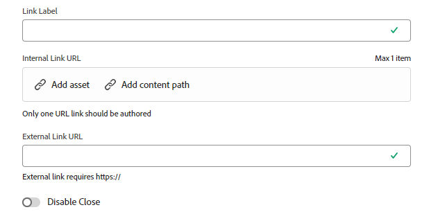 Global Alert Content Fragment in its editing state with focus on the link fields