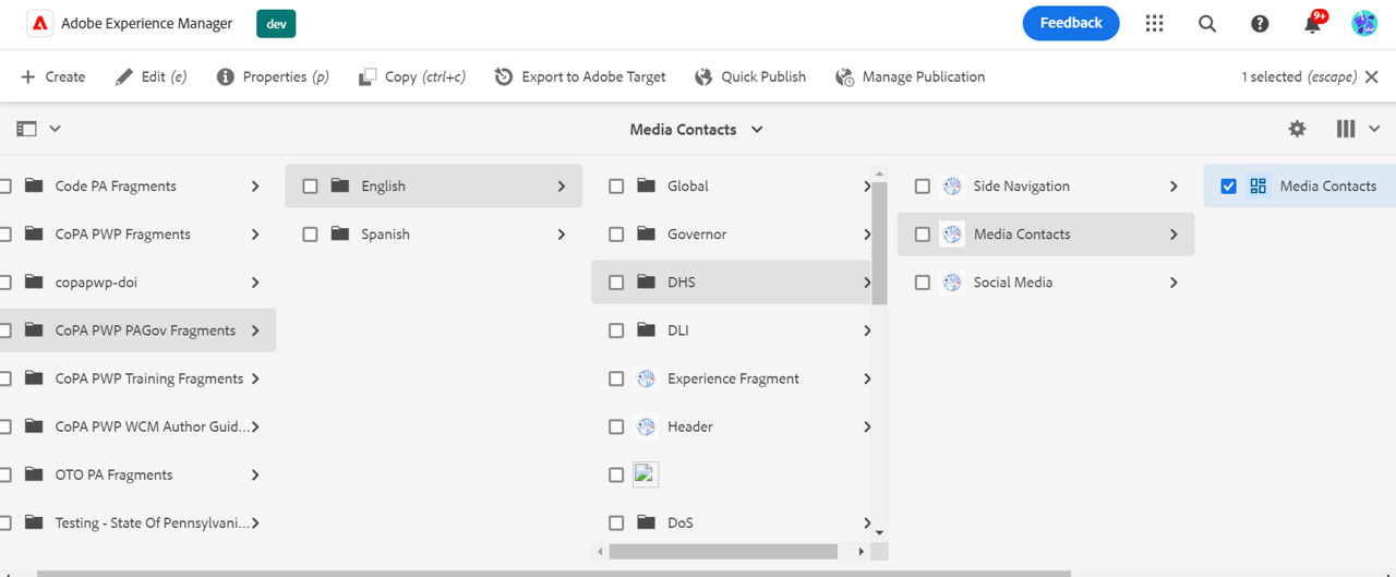 Experience Fragments folder for DHS agency